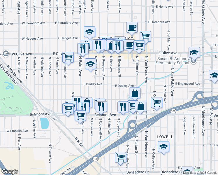 map of restaurants, bars, coffee shops, grocery stores, and more near 750 North Roosevelt Avenue in Fresno