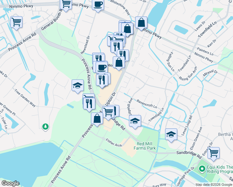 map of restaurants, bars, coffee shops, grocery stores, and more near 2328 Wessington Drive in Virginia Beach