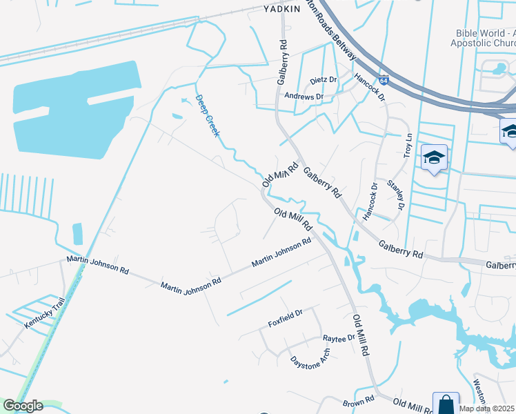 map of restaurants, bars, coffee shops, grocery stores, and more near 3661 Mill Bridge Way in Chesapeake