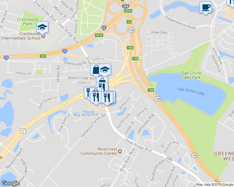 map of restaurants, bars, coffee shops, grocery stores, and more near 734 Hunters Quay in Chesapeake