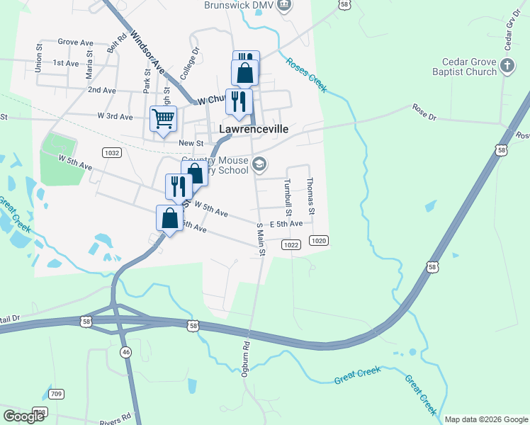 map of restaurants, bars, coffee shops, grocery stores, and more near 105 East 5th Avenue in Lawrenceville