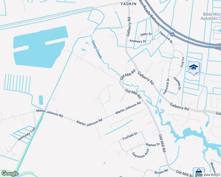 map of restaurants, bars, coffee shops, grocery stores, and more near 3649 Mill Bridge Way in Chesapeake