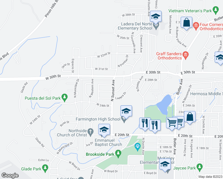 map of restaurants, bars, coffee shops, grocery stores, and more near 200 West 26th Street in Farmington
