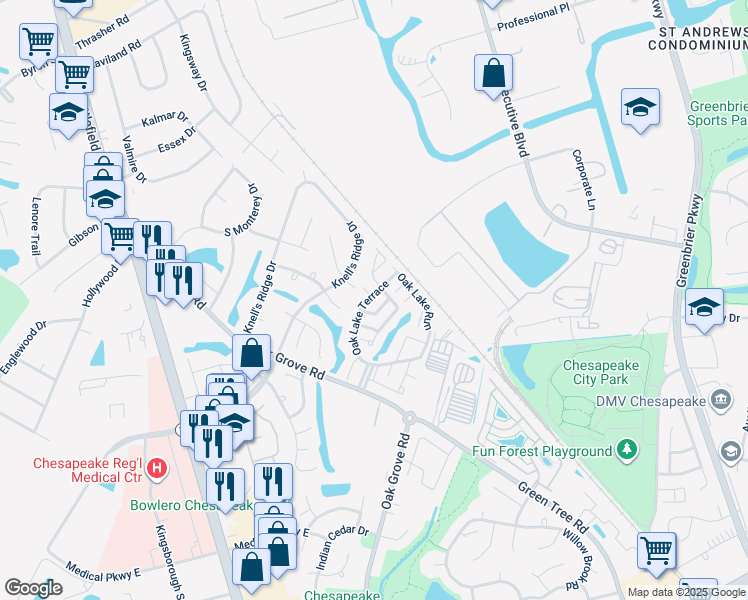 map of restaurants, bars, coffee shops, grocery stores, and more near 409 Oak Lake Terrace in Chesapeake