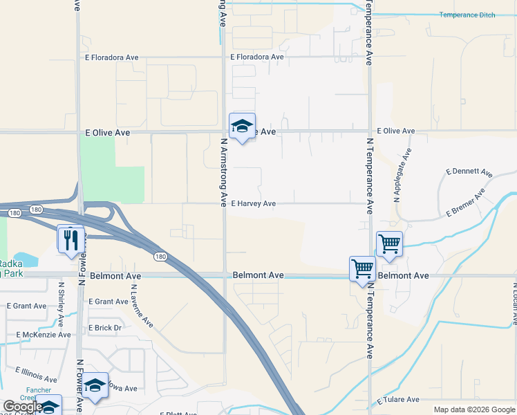 map of restaurants, bars, coffee shops, grocery stores, and more near 6585 East Harvey Avenue in Fresno