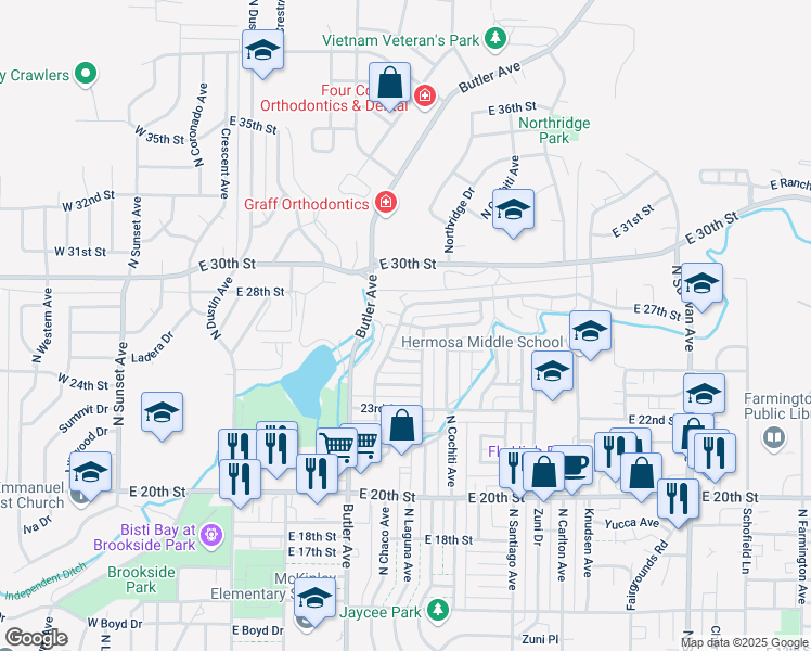 map of restaurants, bars, coffee shops, grocery stores, and more near 2600 Mossman Drive in Farmington