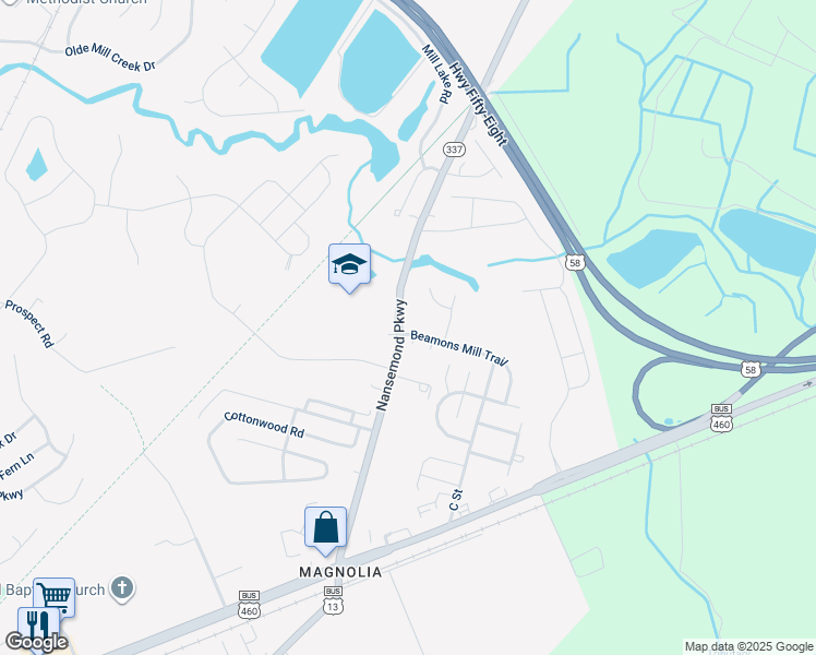 map of restaurants, bars, coffee shops, grocery stores, and more near 315 Beamons Mill Trail in Suffolk