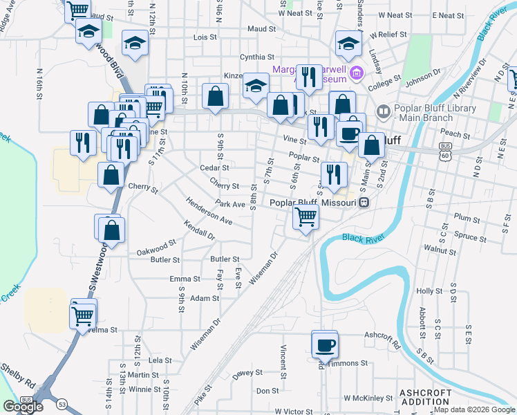map of restaurants, bars, coffee shops, grocery stores, and more near 701 South 8th Street in Poplar Bluff