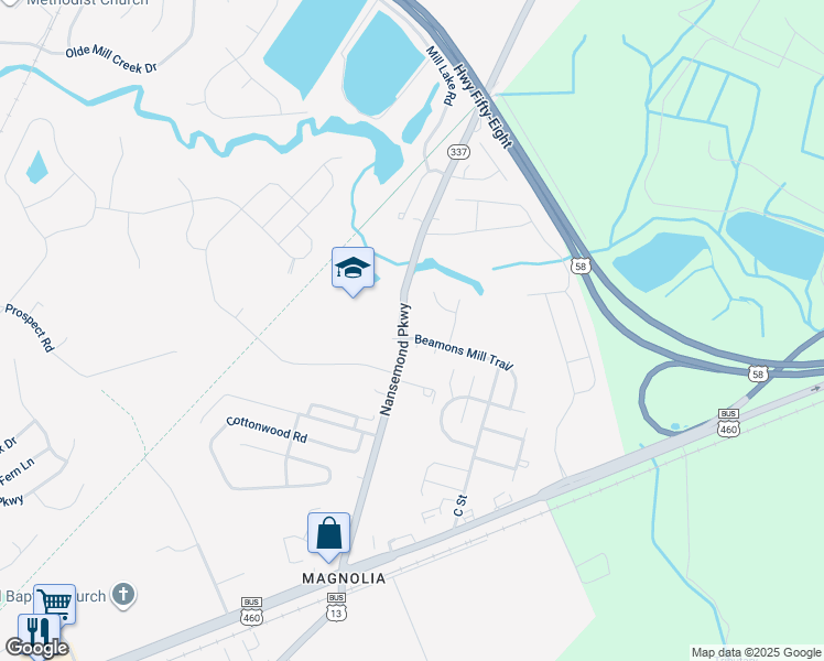 map of restaurants, bars, coffee shops, grocery stores, and more near 315 Beamons Mill Trail in Suffolk