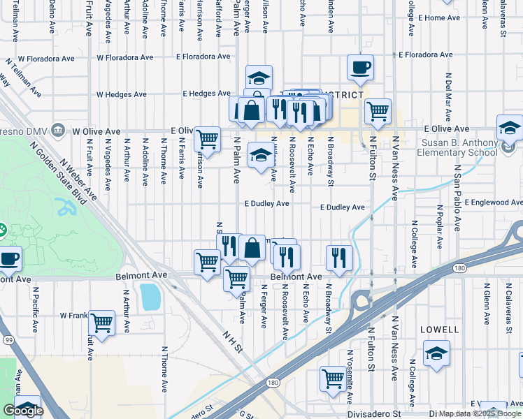map of restaurants, bars, coffee shops, grocery stores, and more near 737 North Wilson Avenue in Fresno