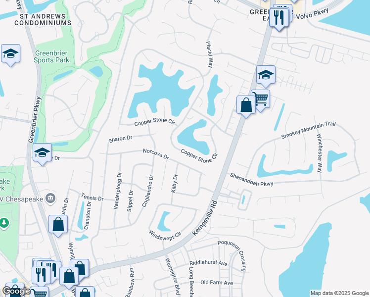 map of restaurants, bars, coffee shops, grocery stores, and more near 720 Norcova Drive in Chesapeake