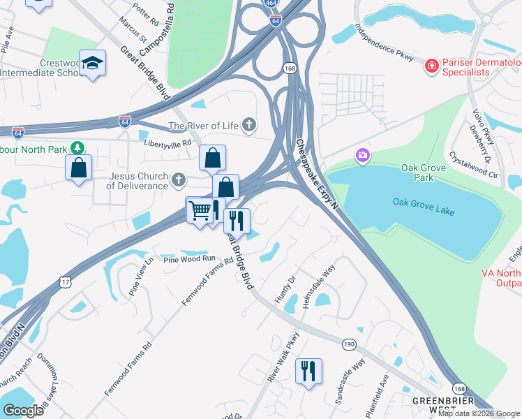 map of restaurants, bars, coffee shops, grocery stores, and more near 715 Hunters Quay in Chesapeake