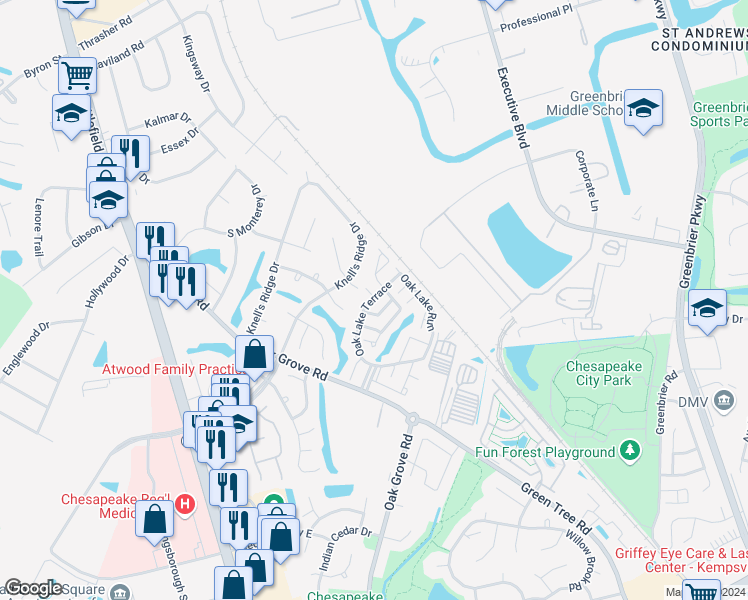 map of restaurants, bars, coffee shops, grocery stores, and more near 409 Oak Lake Terrace in Chesapeake