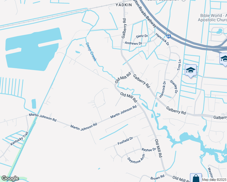 map of restaurants, bars, coffee shops, grocery stores, and more near 3661 Mill Bridge Way in Chesapeake