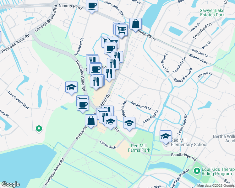 map of restaurants, bars, coffee shops, grocery stores, and more near 2001 Picardy court in Virginia Beach