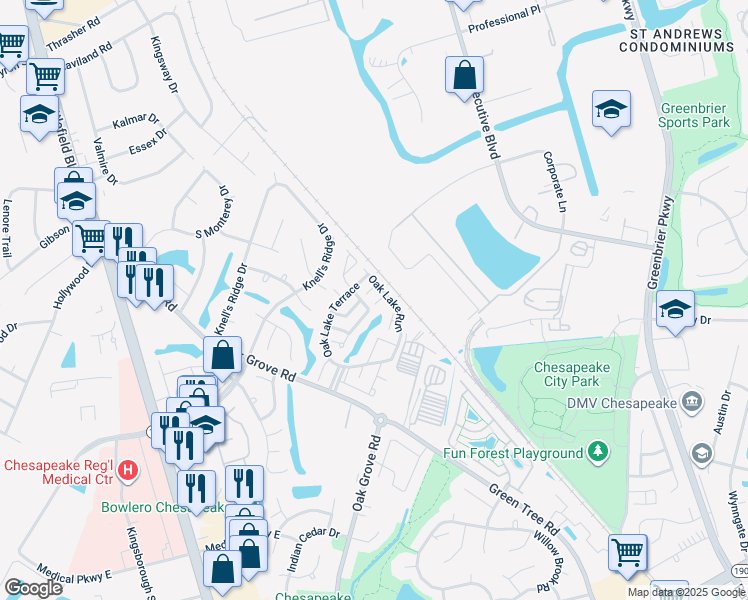 map of restaurants, bars, coffee shops, grocery stores, and more near 500 Tall Oak Court in Chesapeake