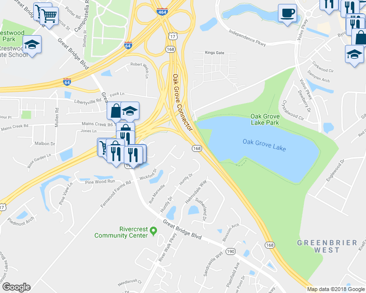 map of restaurants, bars, coffee shops, grocery stores, and more near 1050 Wickford Court in Chesapeake