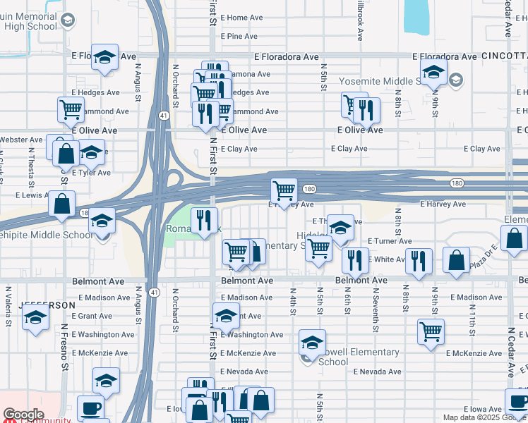 map of restaurants, bars, coffee shops, grocery stores, and more near 747 North 3rd Street in Fresno