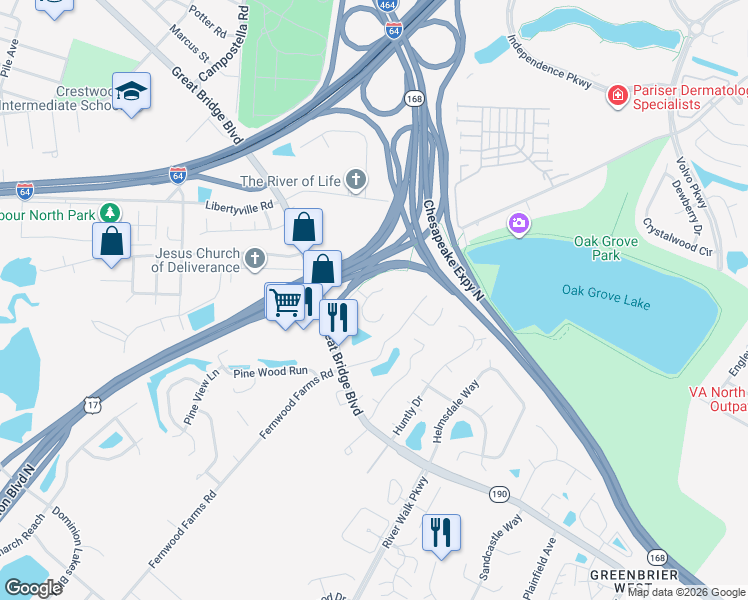 map of restaurants, bars, coffee shops, grocery stores, and more near 715 Hunters Quay in Chesapeake