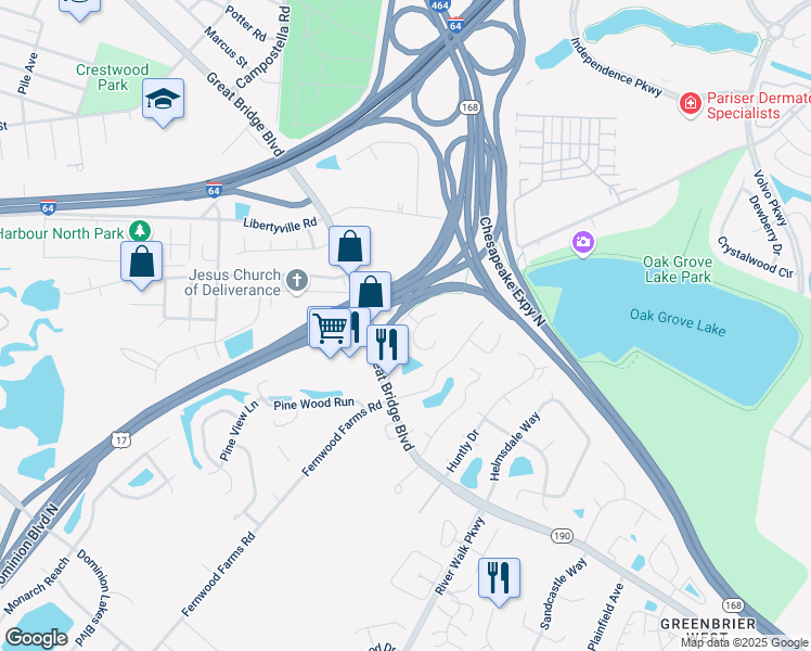 map of restaurants, bars, coffee shops, grocery stores, and more near 1024 Blake Street in Chesapeake