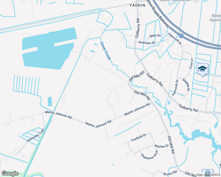 map of restaurants, bars, coffee shops, grocery stores, and more near 3636 Mill Bridge Way in Chesapeake