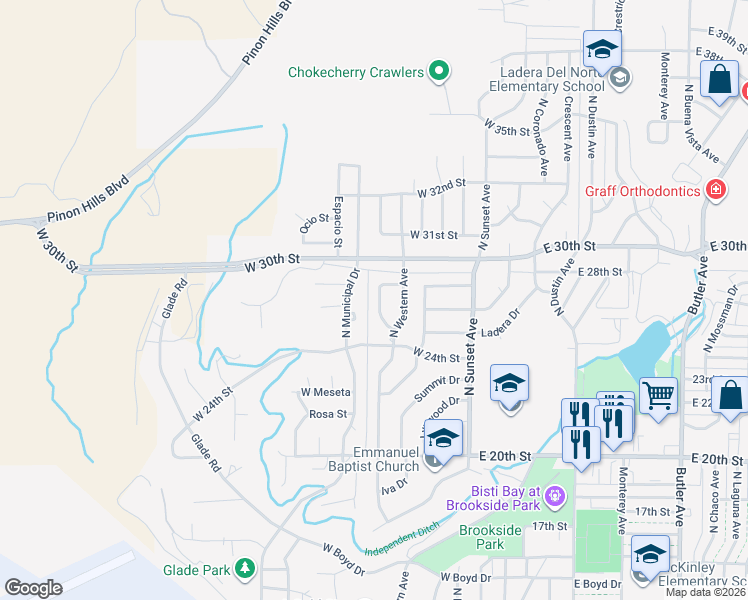 map of restaurants, bars, coffee shops, grocery stores, and more near 2605 North Mesa Drive in Farmington