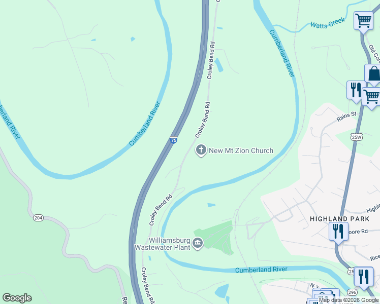 map of restaurants, bars, coffee shops, grocery stores, and more near 1056 Croley Bend Road in Williamsburg