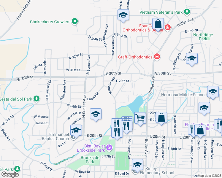 map of restaurants, bars, coffee shops, grocery stores, and more near 2716 North Dustin Avenue in Farmington