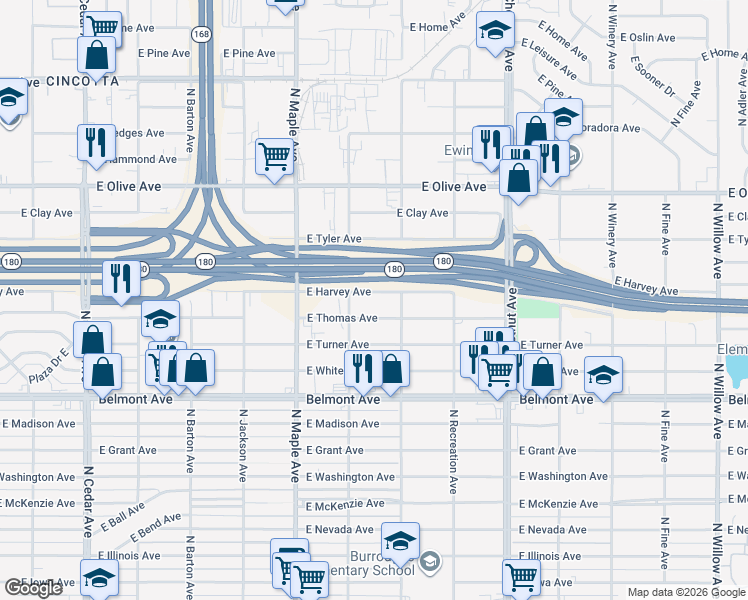 map of restaurants, bars, coffee shops, grocery stores, and more near 4676 East Harvey Avenue in Fresno