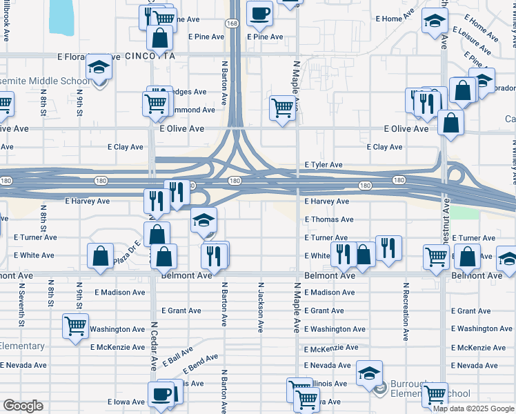 map of restaurants, bars, coffee shops, grocery stores, and more near 4540 East Harvey Avenue in Fresno