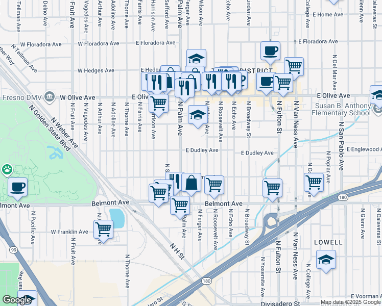 map of restaurants, bars, coffee shops, grocery stores, and more near 326 East Dudley Avenue in Fresno
