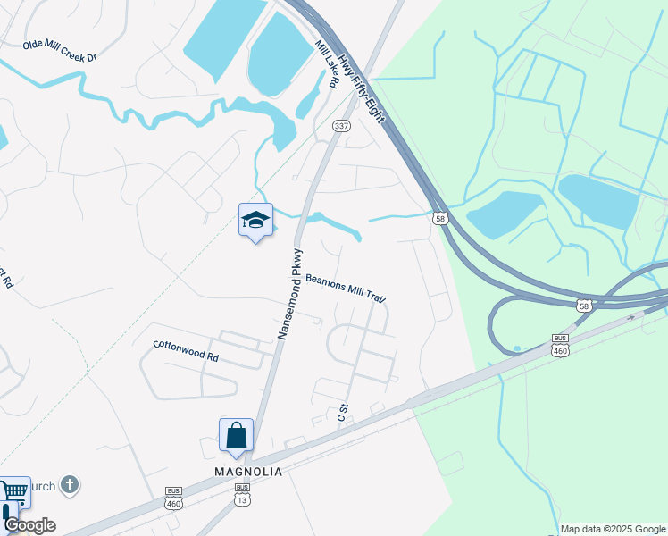 map of restaurants, bars, coffee shops, grocery stores, and more near 300 Beamons Mill Trail in Suffolk