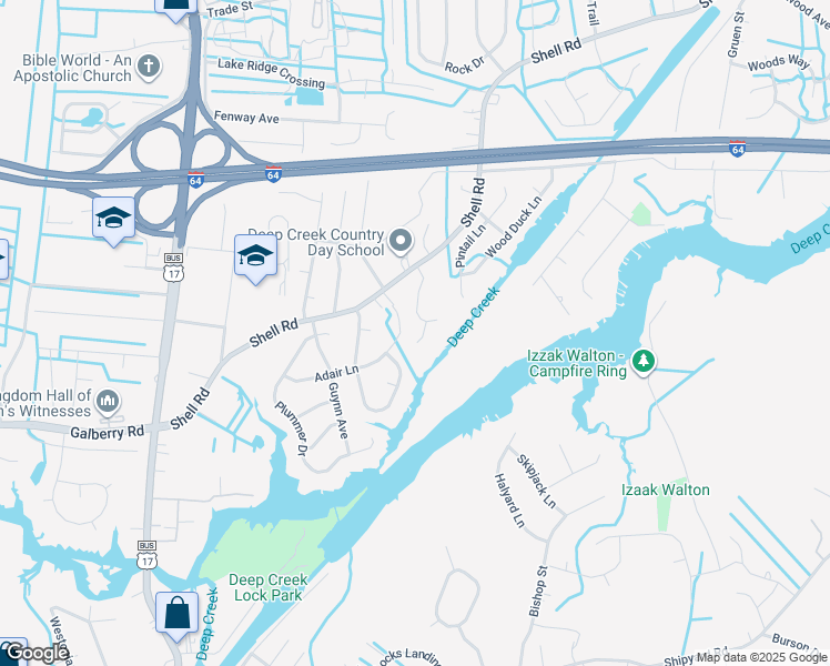 map of restaurants, bars, coffee shops, grocery stores, and more near 408 Harper Court in Chesapeake