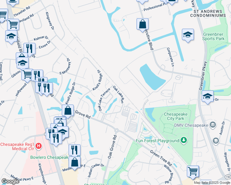 map of restaurants, bars, coffee shops, grocery stores, and more near 504 Tall Oak Court in Chesapeake