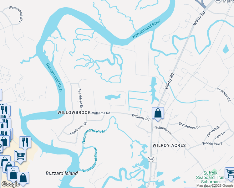 map of restaurants, bars, coffee shops, grocery stores, and more near 1236 Willowbrook Drive in Suffolk
