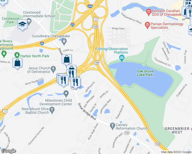 map of restaurants, bars, coffee shops, grocery stores, and more near 916 Wickford Drive in Chesapeake