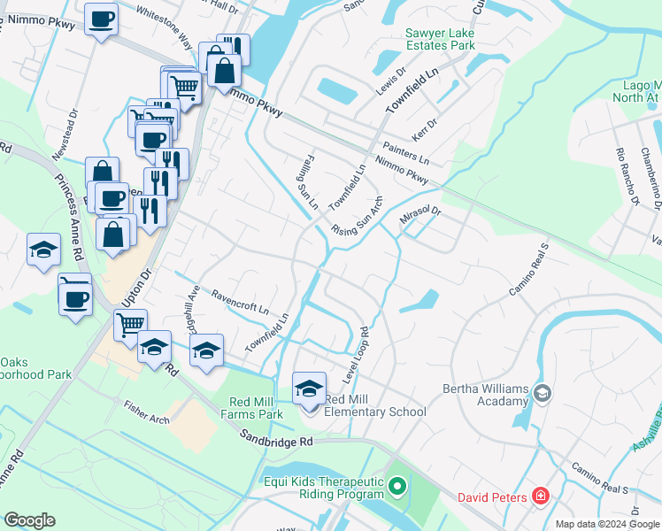 map of restaurants, bars, coffee shops, grocery stores, and more near 2620 Elson Green Avenue in Virginia Beach