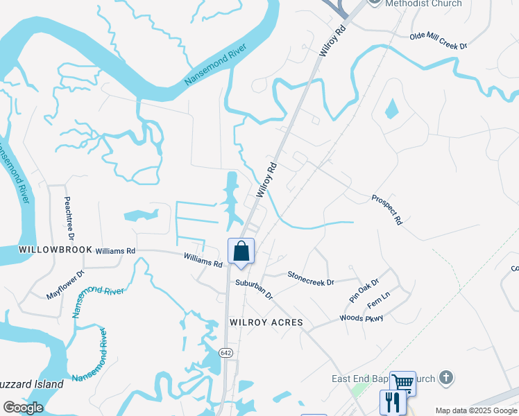 map of restaurants, bars, coffee shops, grocery stores, and more near 1324 Wilroy Road in Suffolk