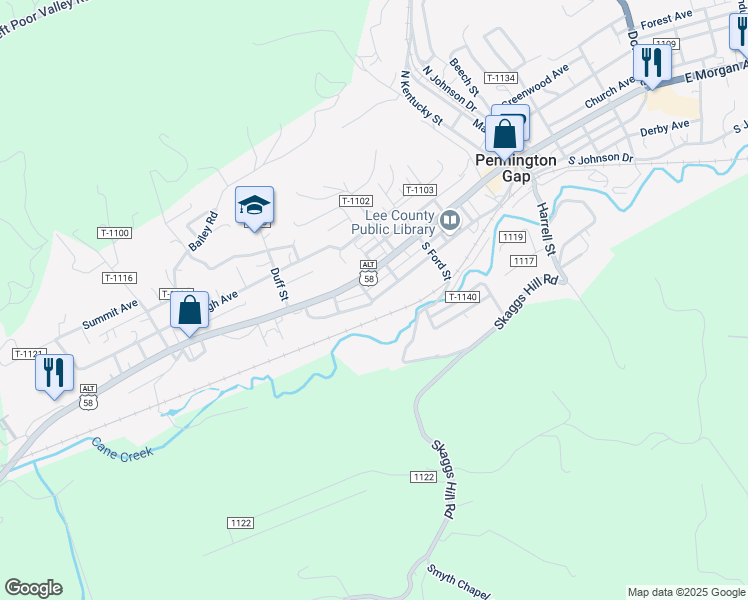 map of restaurants, bars, coffee shops, grocery stores, and more near 601 Joslyn Avenue in Pennington Gap