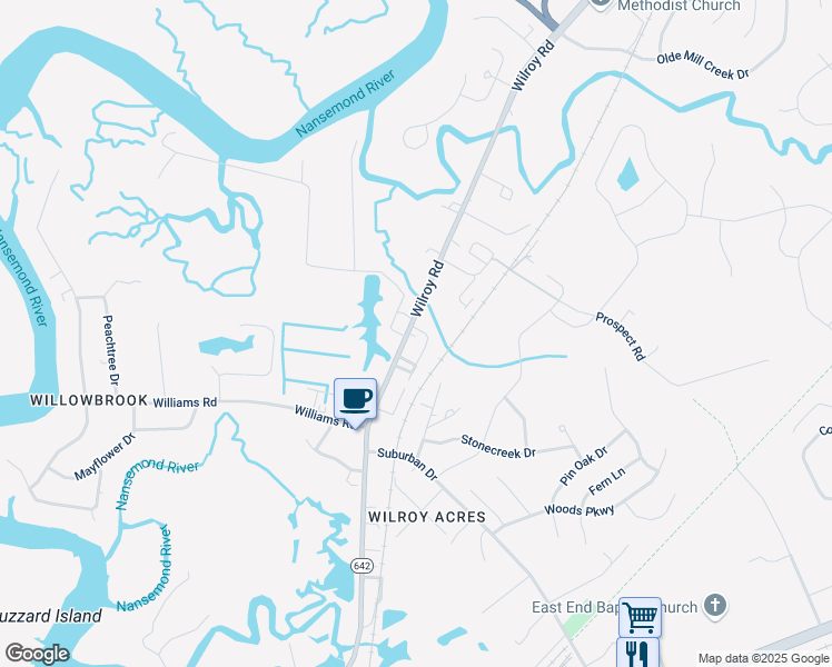 map of restaurants, bars, coffee shops, grocery stores, and more near 1324 Wilroy Road in Suffolk