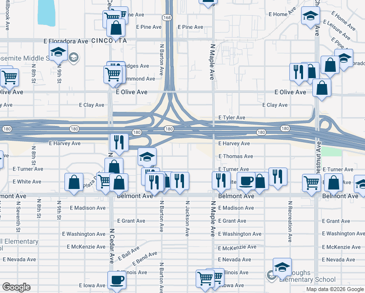 map of restaurants, bars, coffee shops, grocery stores, and more near 4540 East Harvey Avenue in Fresno