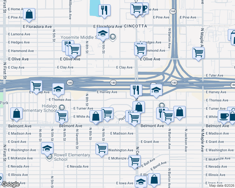 map of restaurants, bars, coffee shops, grocery stores, and more near 4050 East Harvey Avenue in Fresno