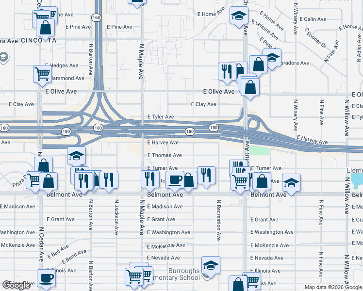 map of restaurants, bars, coffee shops, grocery stores, and more near 4676 East Harvey Avenue in Fresno