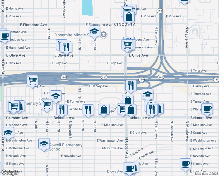 map of restaurants, bars, coffee shops, grocery stores, and more near 4050 East Harvey Avenue in Fresno
