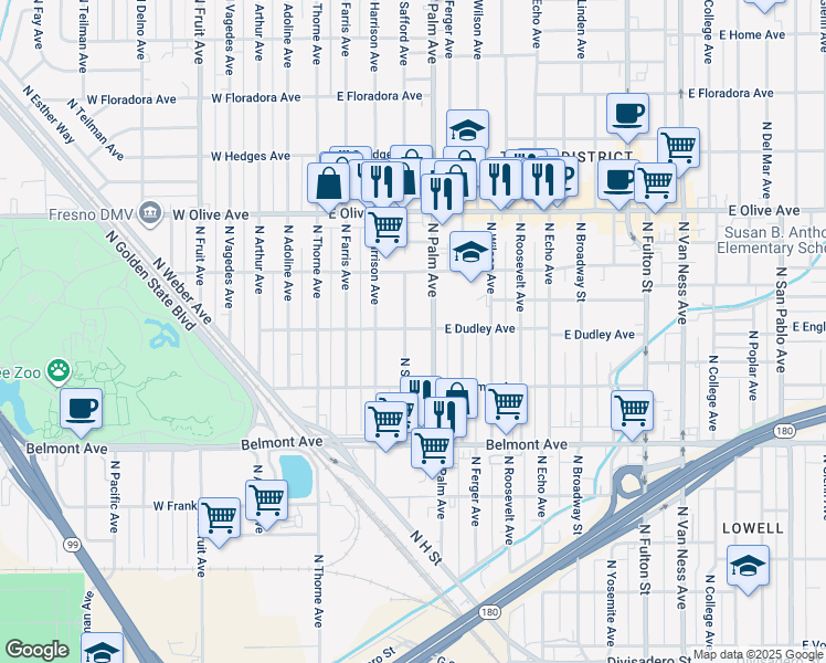 map of restaurants, bars, coffee shops, grocery stores, and more near 918 North Safford Avenue in Fresno