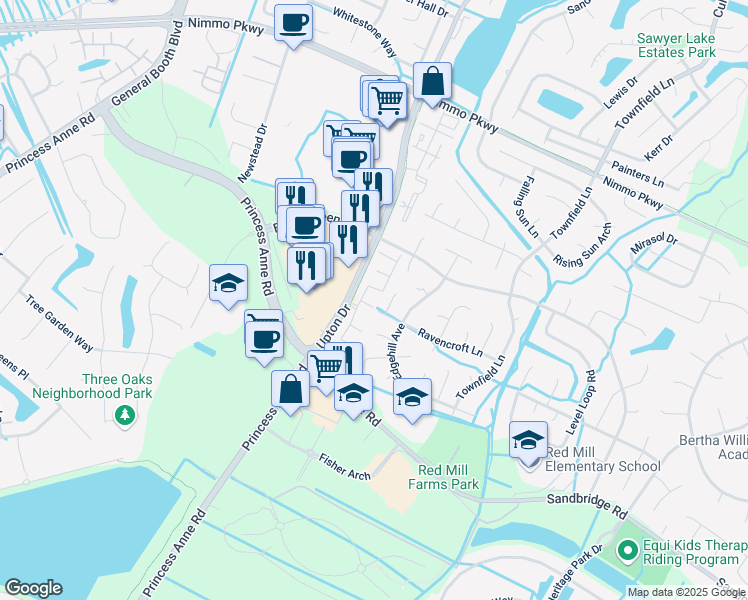 map of restaurants, bars, coffee shops, grocery stores, and more near 2501 Millhaven Court in Virginia Beach
