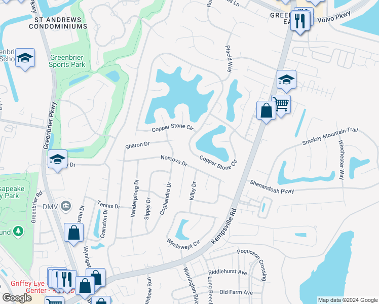 map of restaurants, bars, coffee shops, grocery stores, and more near 1218 Copper Stone Circle in Chesapeake