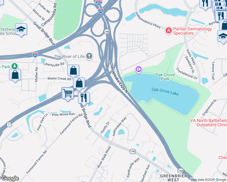 map of restaurants, bars, coffee shops, grocery stores, and more near 927 Wickford Drive in Chesapeake