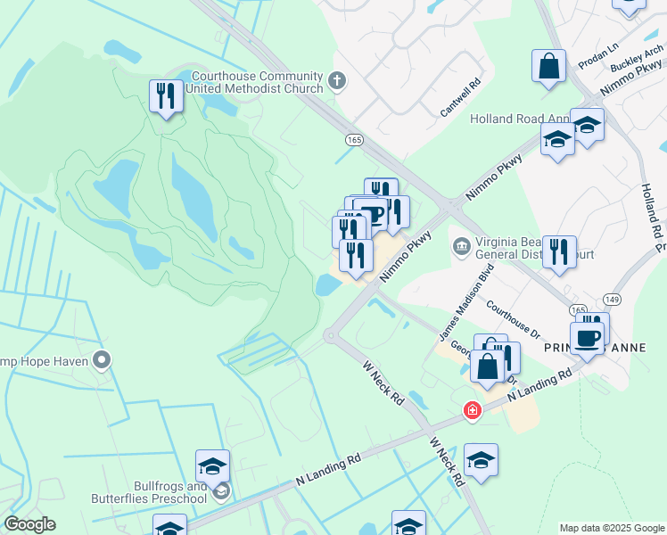 map of restaurants, bars, coffee shops, grocery stores, and more near 2520 Nimmo Parkway in Virginia Beach