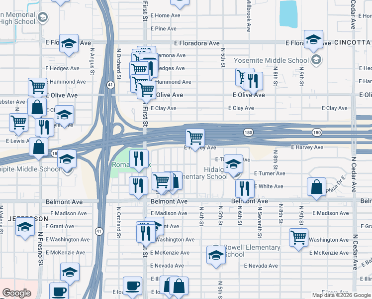 map of restaurants, bars, coffee shops, grocery stores, and more near 3304 East Harvey Avenue in Fresno
